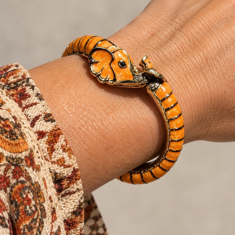 Orange Enamel Elephant Bangle Bracelet Gold Tone Rhinestone Boho Statement Cuff